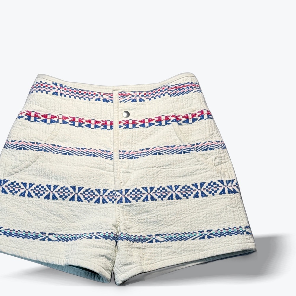 Isabel Marant Quilted Embroidered Shorts High Rise Cream Blue Cotton Womens 27